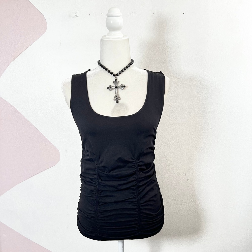Vtg Y2k 2000s Black Ruched Tank Top M/L Goth Whimsigoth Grunge